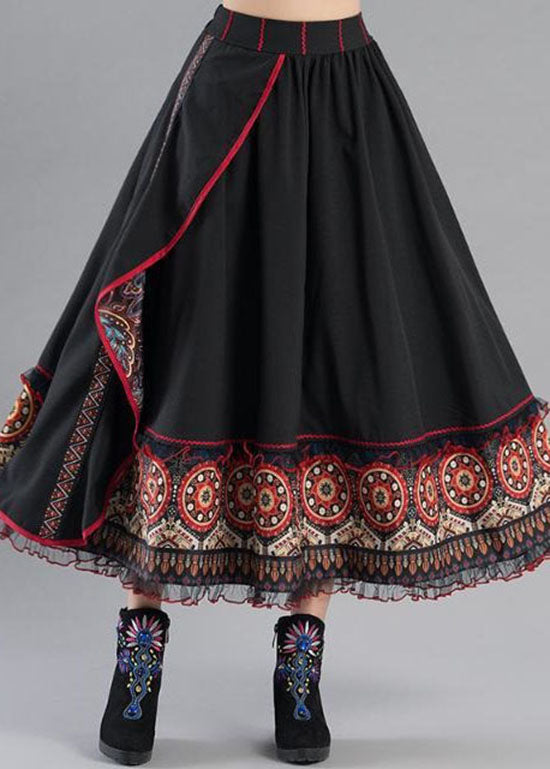 Boho Black Wrinkled Asymmetrical Print Cotton A Line Skirt Spring
