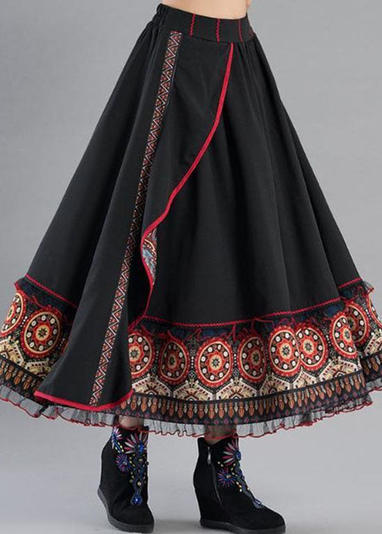 Boho Black Wrinkled Asymmetrical Print Cotton A Line Skirt Spring