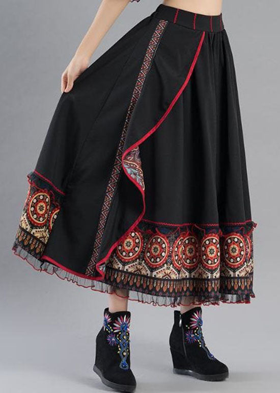 Boho Black Wrinkled Asymmetrical Print Cotton A Line Skirt Spring