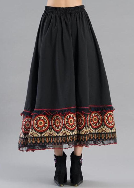 Boho Black Wrinkled Asymmetrical Print Cotton A Line Skirt Spring