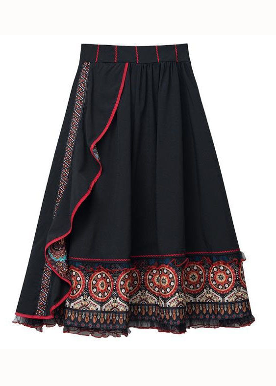 Boho Black Wrinkled Asymmetrical Print Cotton A Line Skirt Spring