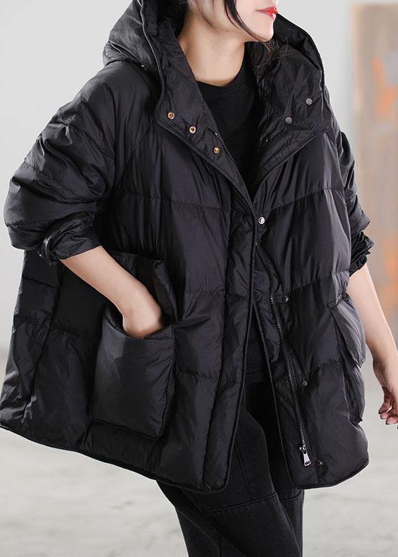 Boho Black Zip Up drawstring Duck Down Winter Coats - Omychic