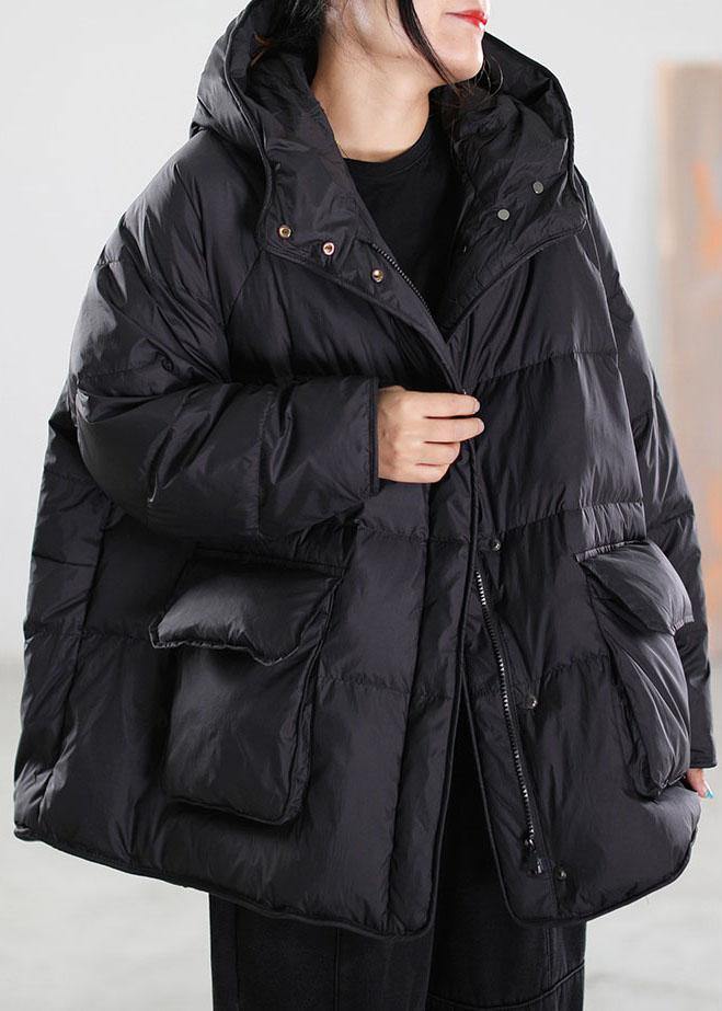 Boho Black Zip Up drawstring Duck Down Winter Coats - Omychic