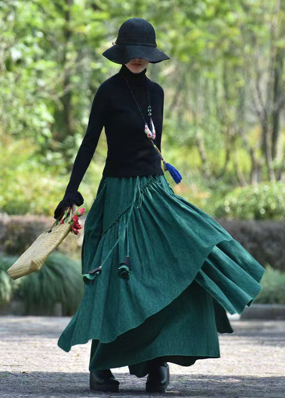 Boho Blackish Green Asymmetrical Jacquard Cotton Skirt Spring
