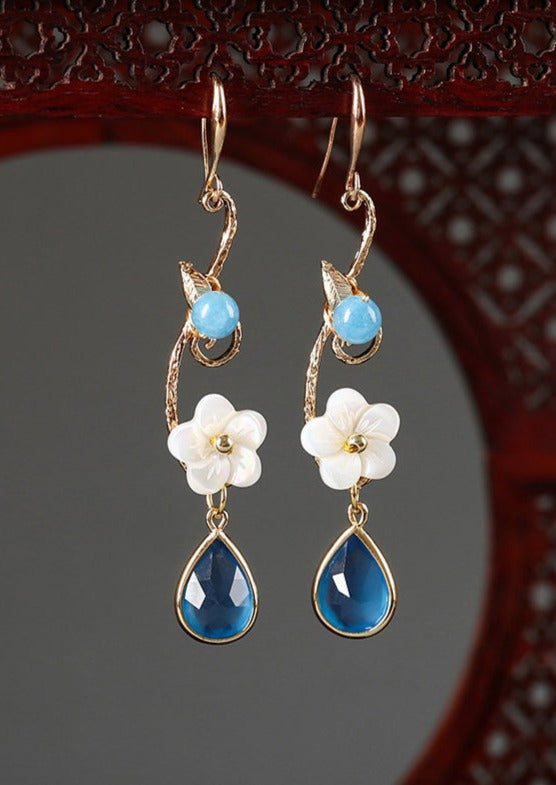 Boho Blue Copper Crystal Coloured Glaze Pearl Shell Flowwer Water Drop Drop Earrings