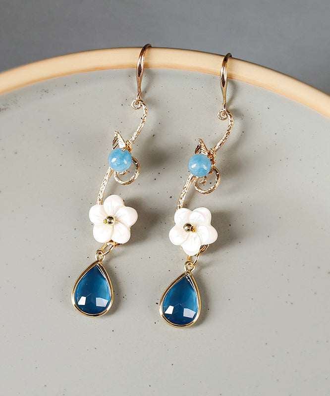 Boho Blue Copper Crystal Coloured Glaze Pearl Shell Flowwer Water Drop Drop Earrings