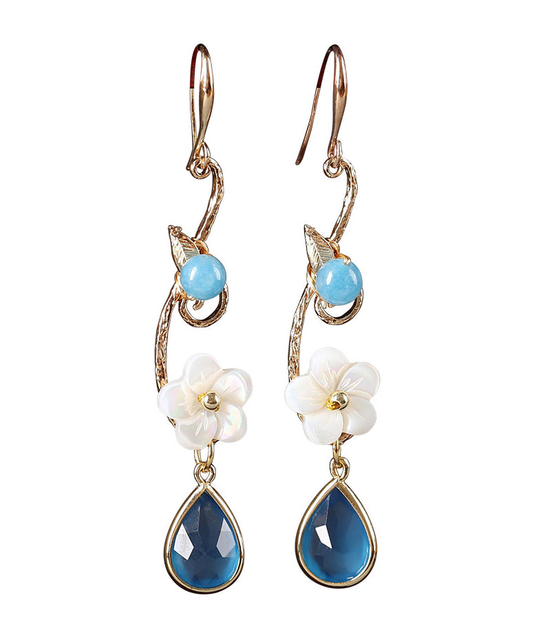 Boho Blue Copper Crystal Coloured Glaze Pearl Shell Flowwer Water Drop Drop Earrings