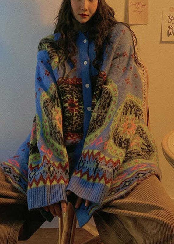 Boho Blue Cute retro Button Print Fall Knit Sweater Coat - Omychic