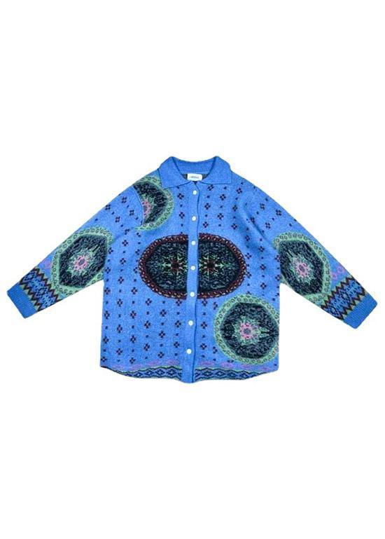 Boho Blue Cute retro Button Print Fall Knit Sweater Coat - Omychic