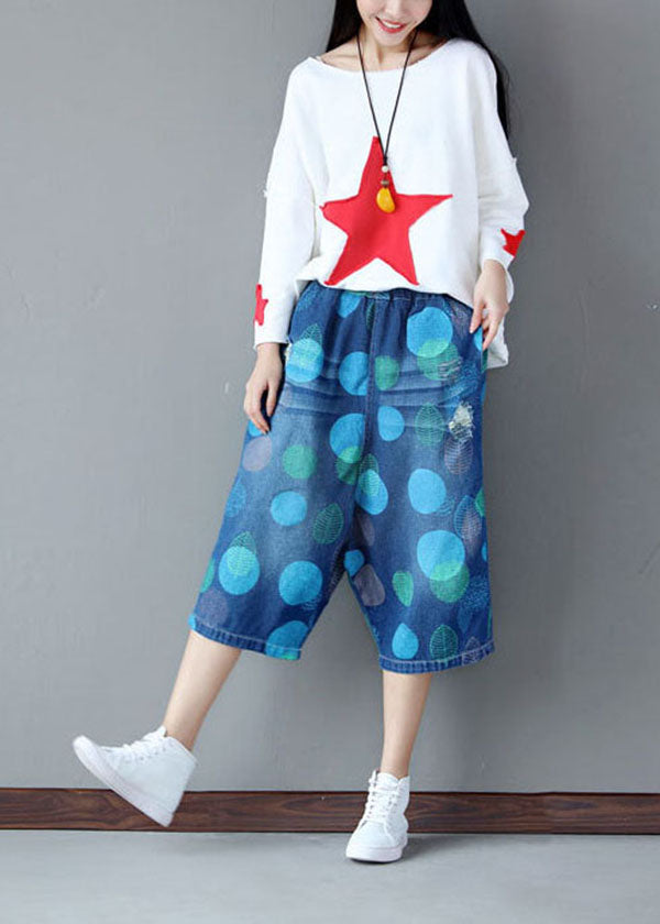 Boho Blue Elastic Waist Dot Print Cotton Wide Leg Crop Pants Summer