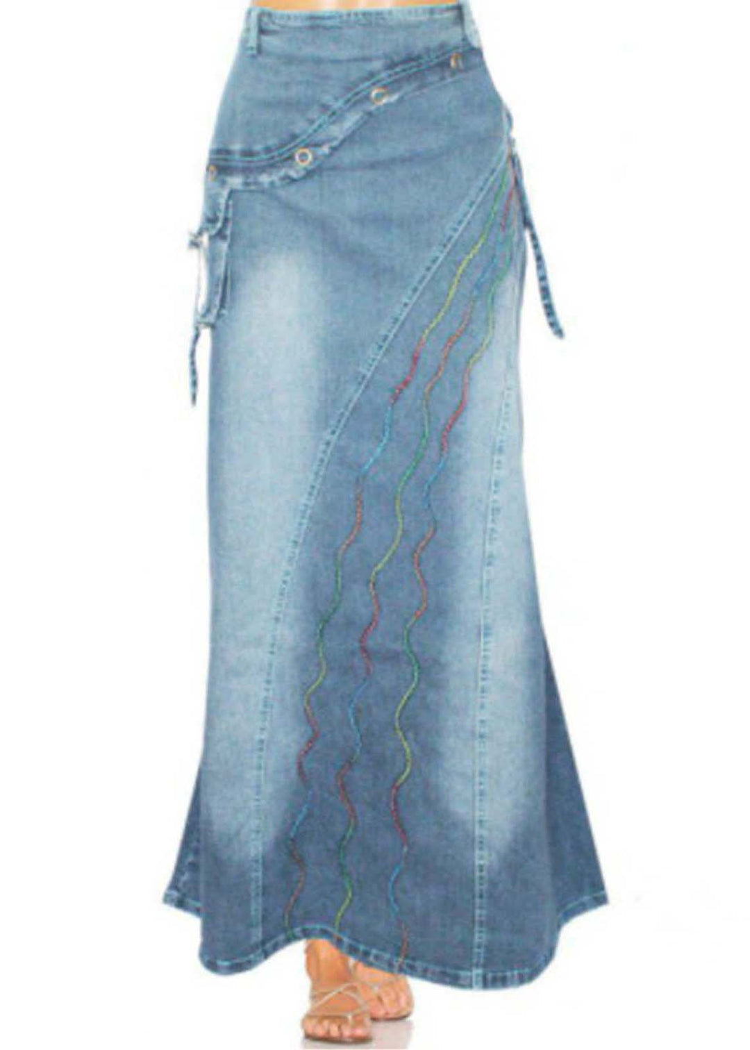 Boho Blue Embroideried Patchwork Denim Skirts Summer