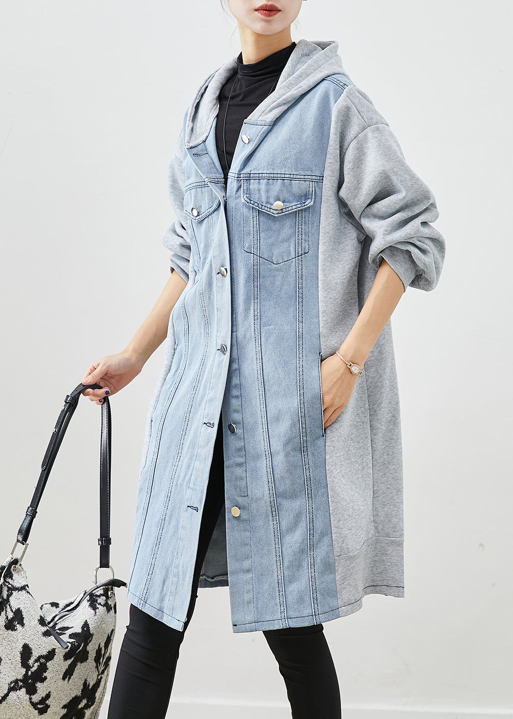 Boho Blue Hooded Denim Patchwork Cotton Trench Fall