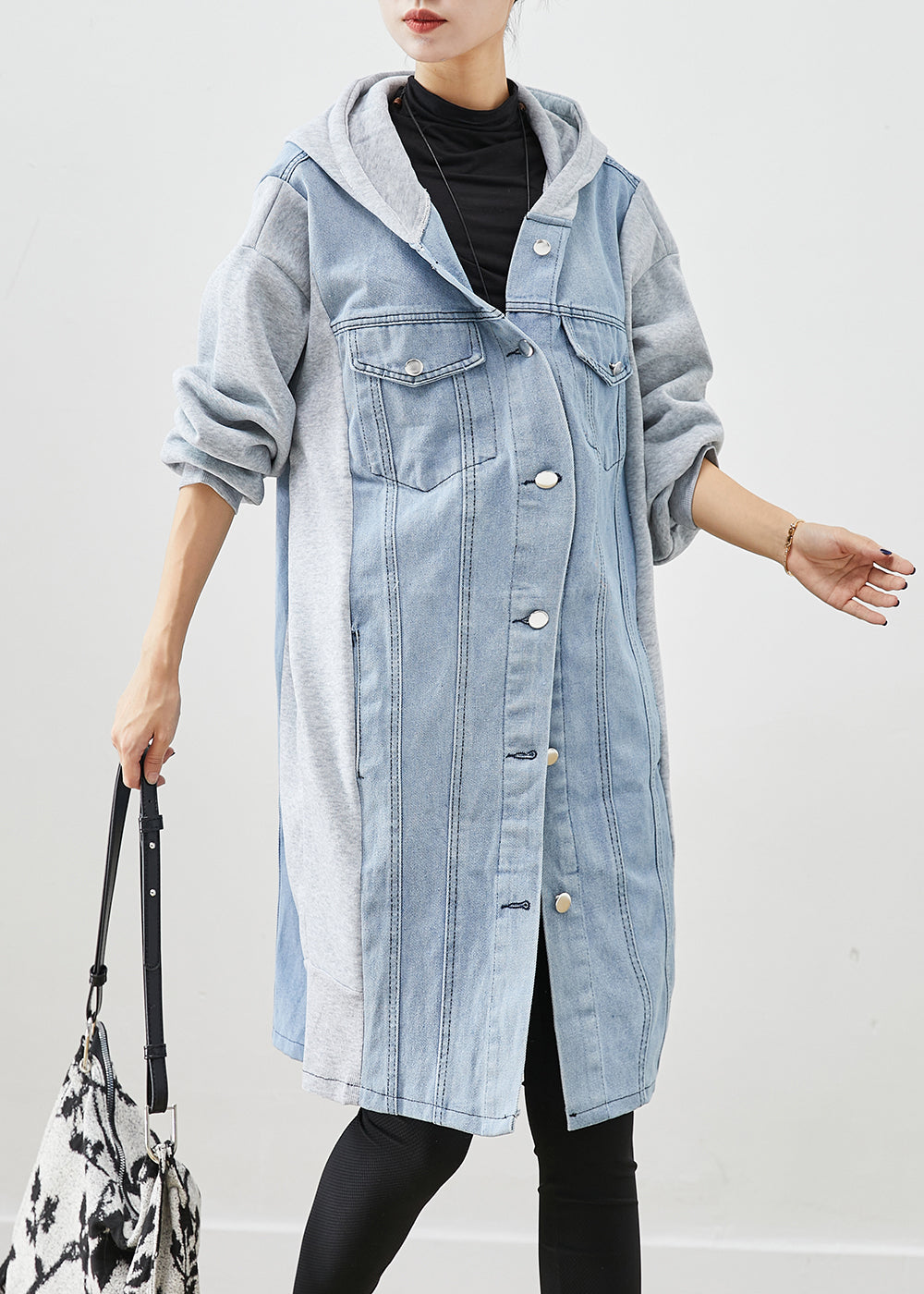 Boho Blue Hooded Denim Patchwork Cotton Trench Fall