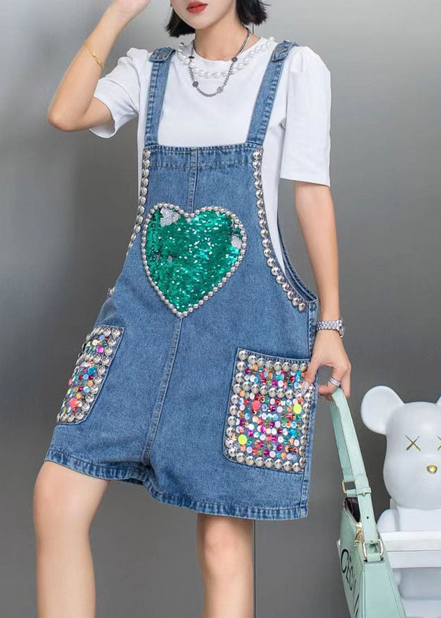 Boho Blue Nail Bead Sequins Patchwork Denim Jumpsuit Shorts Summer