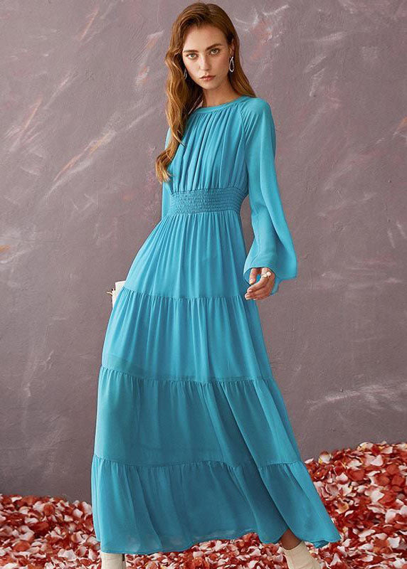 Boho Blue O-Neck Patchwork Wrinkled Chiffon Beach Dresses Long Sleeve