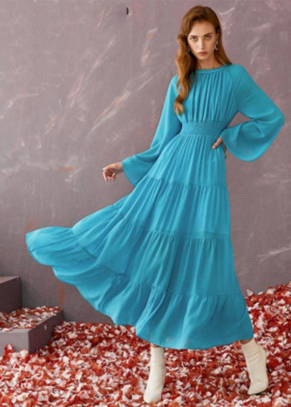 Boho Blue O-Neck Patchwork Wrinkled Chiffon Beach Dresses Long Sleeve