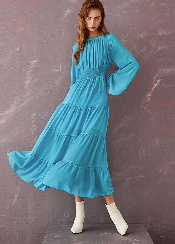 Boho Blue O-Neck Patchwork Wrinkled Chiffon Beach Dresses Long Sleeve