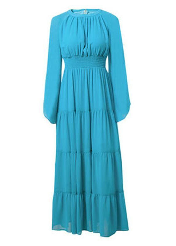 Boho Blue O-Neck Patchwork Wrinkled Chiffon Beach Dresses Long Sleeve