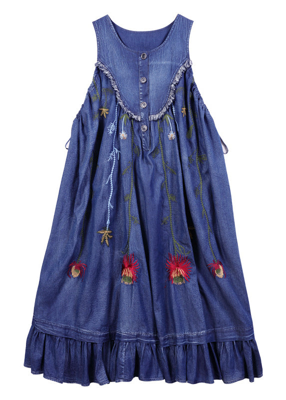 Boho Blue O-Neck Ruffled Embroideried Patchwork Cotton Denim Dress Sleeveless