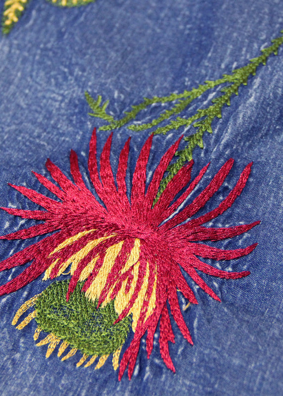 Boho Blue O-Neck Ruffled Embroideried Patchwork Cotton Denim Dress Sleeveless