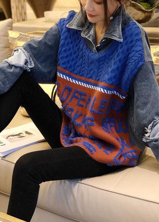 Boho Blue Patchwork Denim Hole Loose Fall Knit Knitted sweaters - Omychic