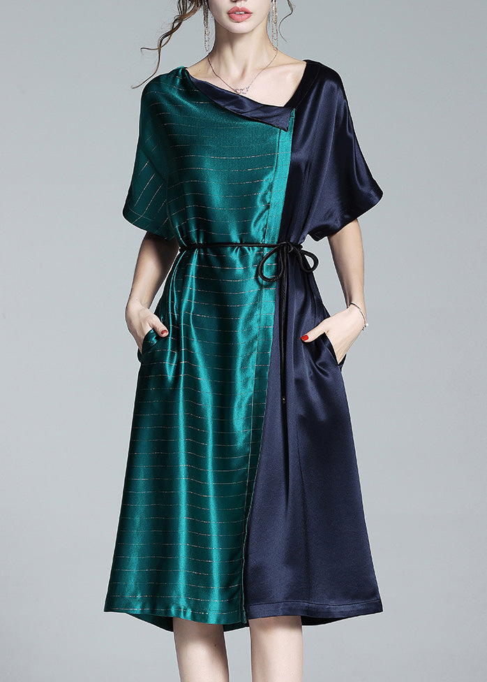 Boho Blue Patchwork Green Asymmetrical Tie Waist Satin Shirt Dresses Summer