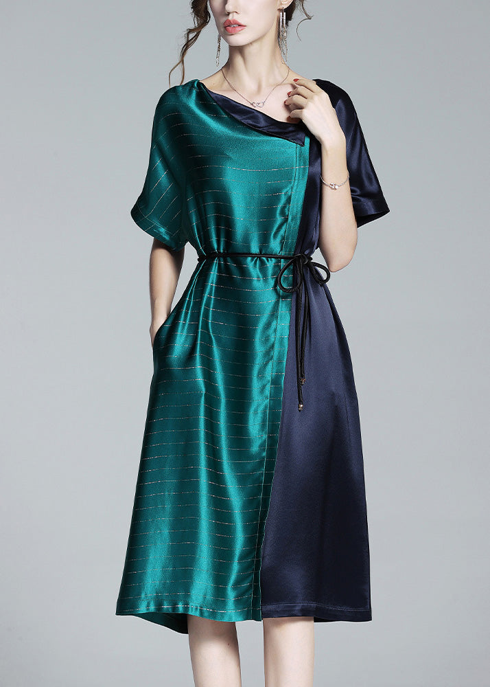 Boho Blue Patchwork Green Asymmetrical Tie Waist Satin Shirt Dresses Summer