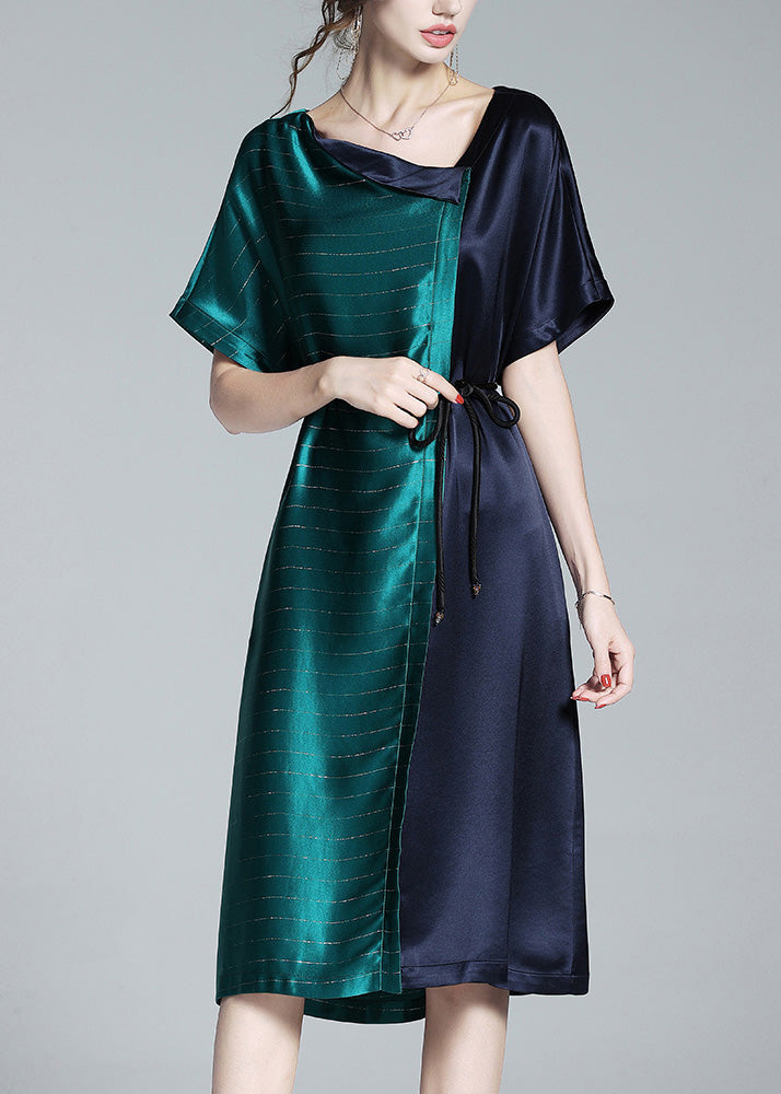 Boho Blue Patchwork Green Asymmetrical Tie Waist Satin Shirt Dresses Summer