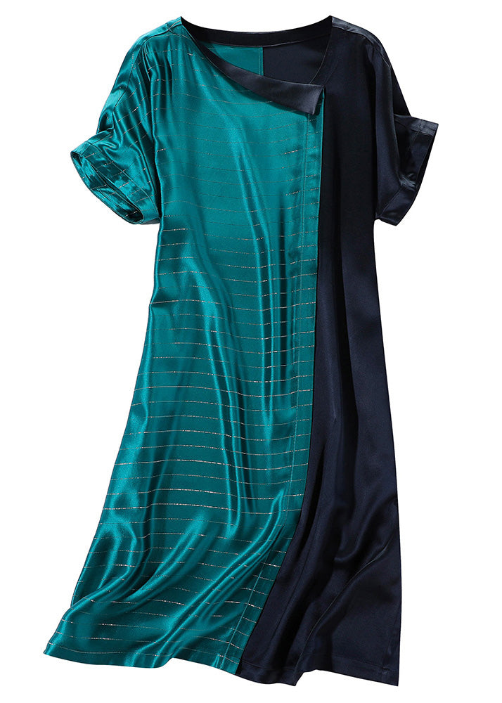 Boho Blue Patchwork Green Asymmetrical Tie Waist Satin Shirt Dresses Summer