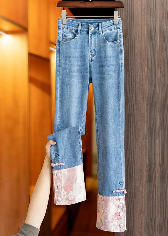 Boho Blue Patchwork Pink High Waist Straight Jeans