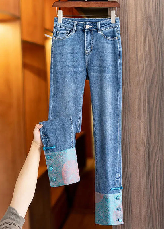 Boho Blue Patchwork Pink High Waist Straight Jeans