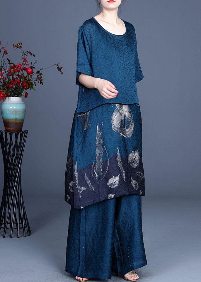 Boho Blue Patchwork Print long clothes Wide Leg Two Pieces Set - Omychic