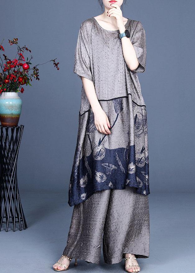 Boho Blue Patchwork Print long clothes Wide Leg Two Pieces Set - Omychic