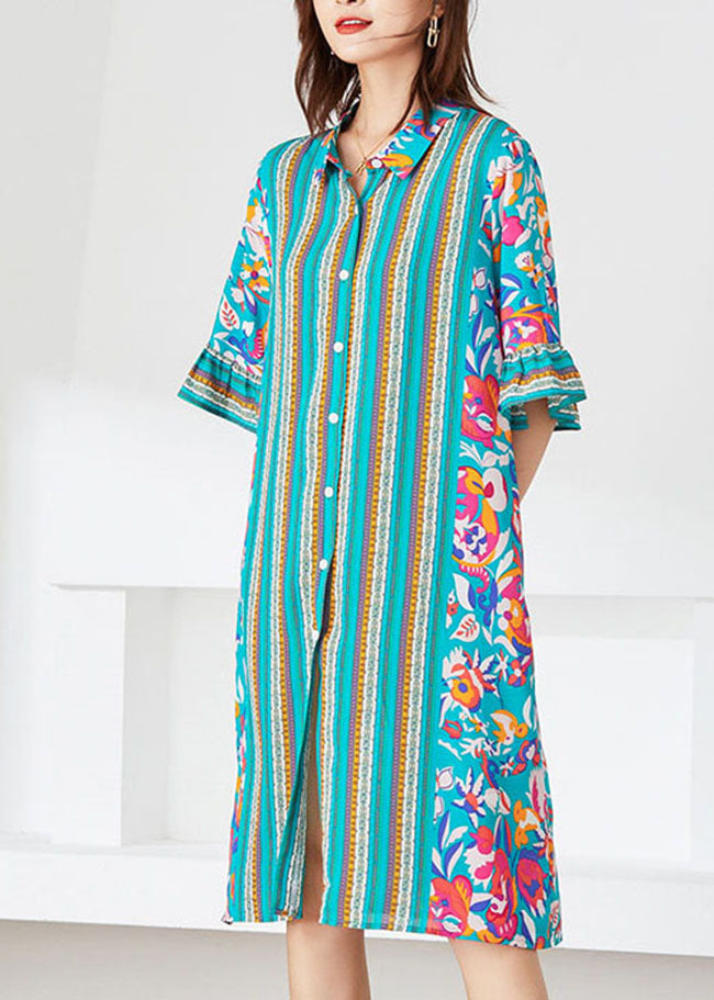 Boho Blue Peter Pan Collar Print Patchwork Cotton Holiday Dress Summer