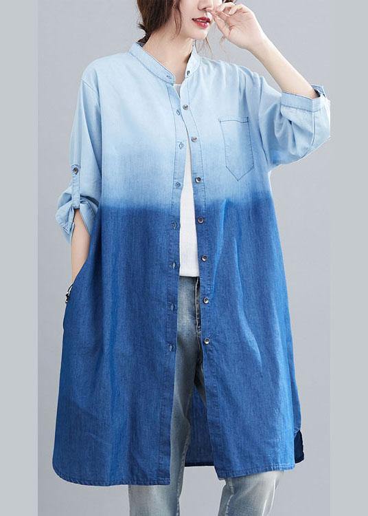 Boho Blue Pockets Button Gradient color Fall Denim Trench Long sleeve - Omychic