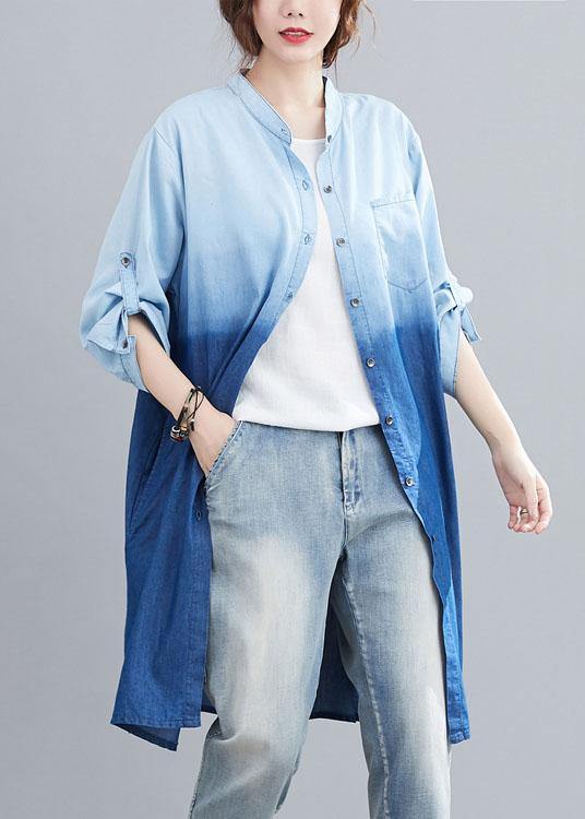 Boho Blue Pockets Button Gradient color Fall Denim Trench Long sleeve - Omychic