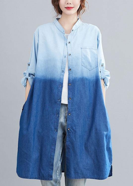 Boho Blue Pockets Button Gradient color Fall Denim Trench Long sleeve - Omychic