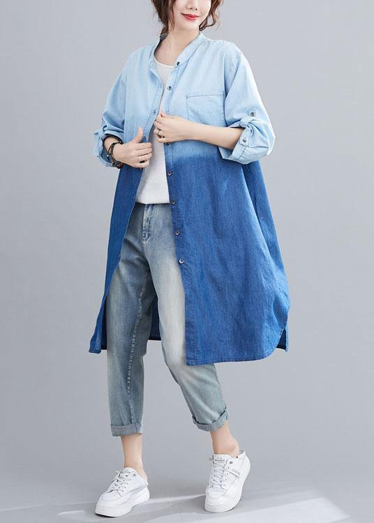 Boho Blue Pockets Button Gradient color Fall Denim Trench Long sleeve - Omychic