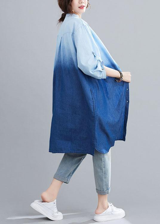 Boho Blue Pockets Button Gradient color Fall Denim Trench Long sleeve - Omychic