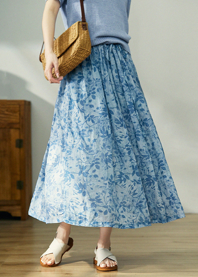 Boho Blue Print Lace Up Elastic Waist Cotton Skirt Spring
