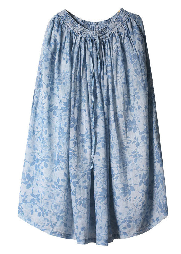 Boho Blue Print Lace Up Elastic Waist Cotton Skirt Spring