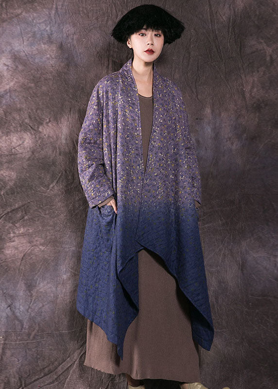 Boho Blue Print Pockets Fine Cotton Filled Winter wrap coat