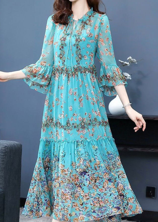 Boho Blue Ruffled Patchwork Print Silk Maxi Dress Flare Sleeve