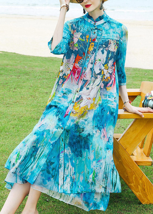Boho Blue Stand Collar Print Silk Cardigans And Long Dress Two Pieces Set Summer