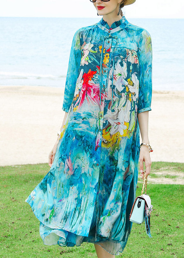 Boho Blue Stand Collar Print Silk Cardigans And Long Dress Two Pieces Set Summer