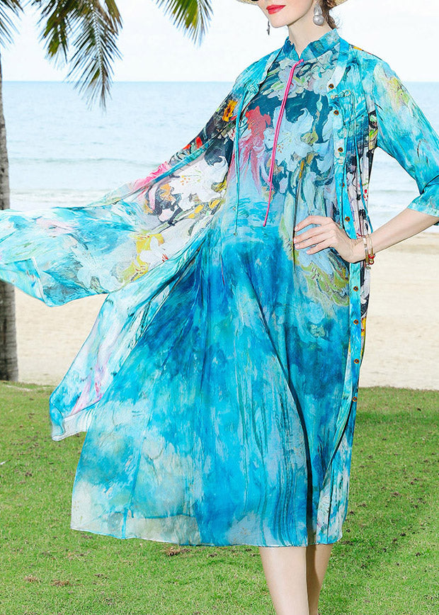 Boho Blue Stand Collar Print Silk Cardigans And Long Dress Two Pieces Set Summer