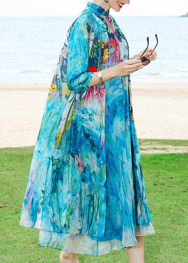 Boho Blue Stand Collar Print Silk Cardigans And Long Dress Two Pieces Set Summer