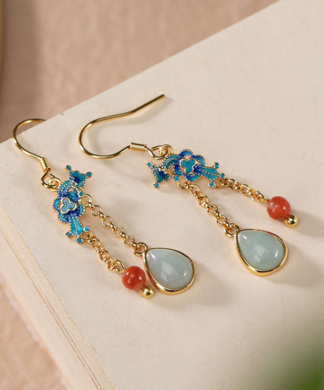 Boho Blue Sterling Silver Gold Plated Cloisonne Jadeite Water Drop Jade Drop Earrings