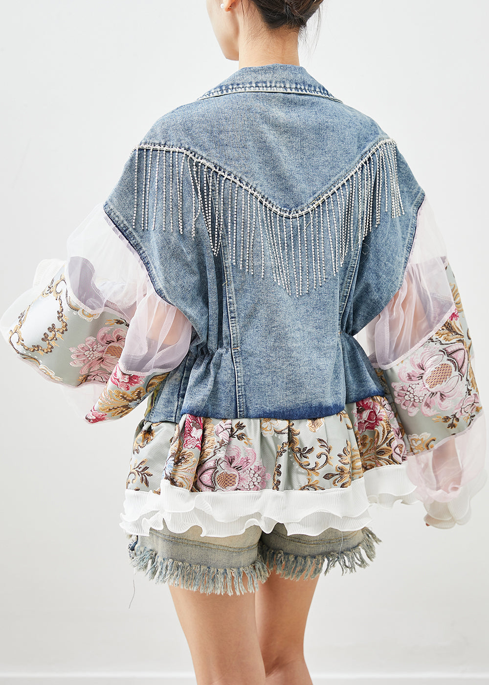 Boho Blue Tasseled Patchwork Tulle Denim Coat Lantern Sleeve