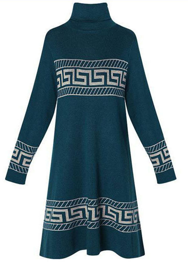 Boho Blue Turtle Neck Thick Print Long Sweater Long Sleeve